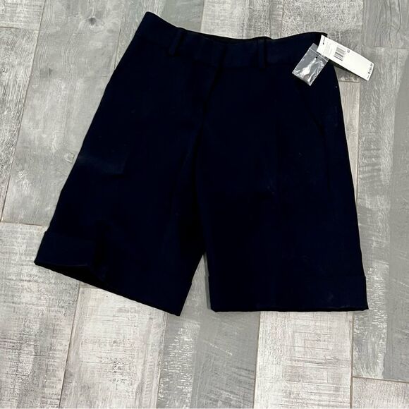 NWT DKNY Navy Blue Flat Front Mid Rise Long Bermuda City Dress Cuff Short 2 XS - Picture 2 of 9